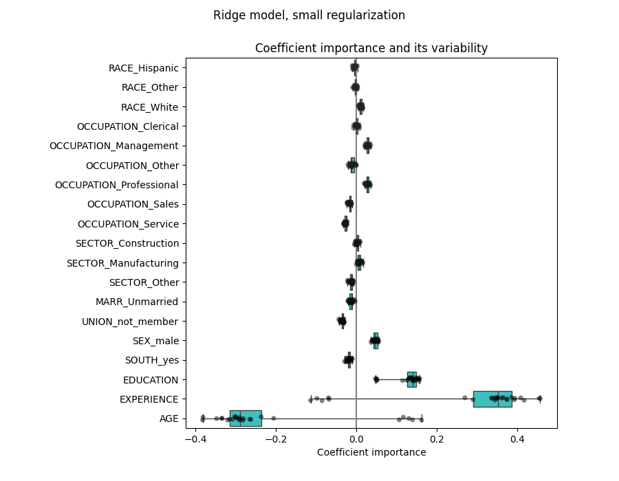 Ridge model, small regularization, Coefficient importance and its variability